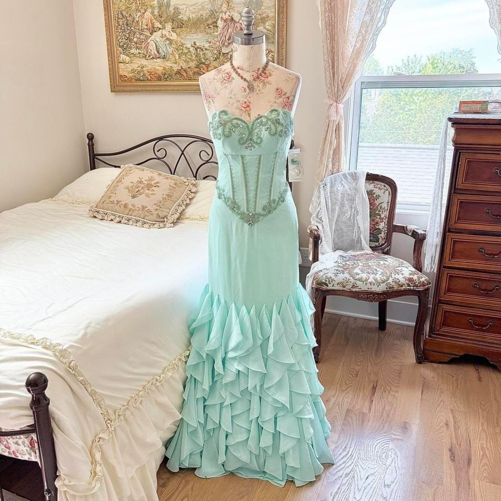 Mint Green Ruffled Prom Gown with Embellished Corset